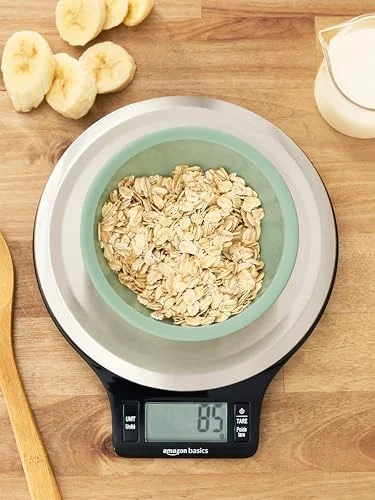 Amazon Basics Digital Kitchen Scale with LCD Display - Tare Function, Multiple Units, Weighs up to 11 Pounds, Batteries Included, Black and Stainless