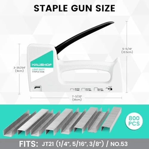 HAUSHOF Light Duty Staple Gun - Upholstery Staple Gun with 800PCS JT21 Staples and Stapler Remover, Fits JT21 Staple of 1/4'', 5/16'' & 3/8'', Used