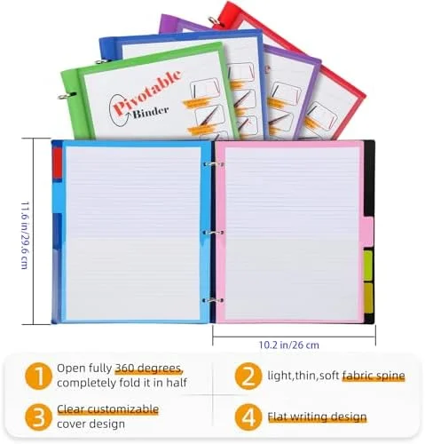 360° Pivotable Project Organizer Binder, 2 Pack Upgraded 3 Ring Binder with Colored Tab Dividers with Pockets, Customizable Cover Multi Pocket Folder