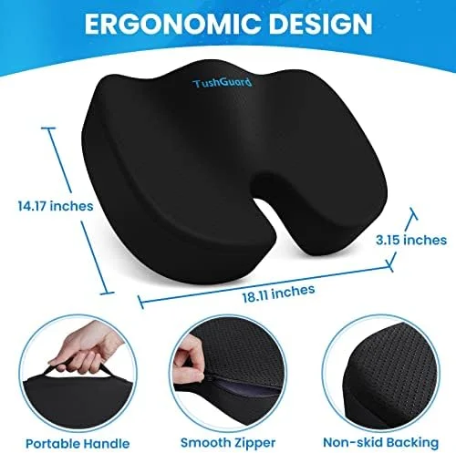 TushGuard Seat Cushion for Office Chair Memory Foam Non-Slip Cushion Back - Relief Chair Pad, Butt Pillow for Office Chair, Car, Computer Desk, Black