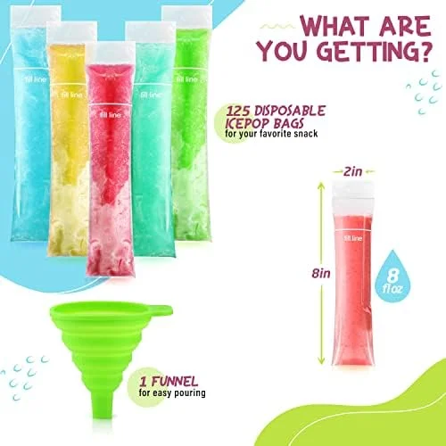 Frozip 125 Disposable Ice Popsicle Mold Bags| BPA Free Freezer Tubes With Zip Seals, For Healthy Snacks, Yogurt Sticks, Juice & Fruit Smoothies, Ice
