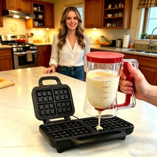 BBSTARZ Pancake Batter Dispenser – 4-Cup Batter Dispenser with Squeeze Handle & Measuring Marks for Pancakes - Waffles, Muffins, Crepes & Cupcakes –