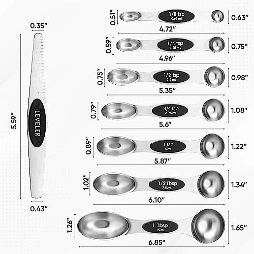 Spring Chef Stainless Steel Magnetic Measuring Spoons Set with Strong N45 Magnets, Heavy Duty Metal Kitchen Gadgets for Baking & Cooking, Fits in