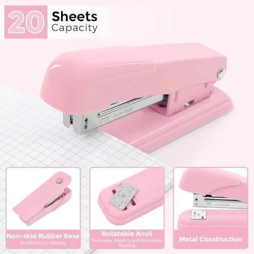 SKYDUE Pink Office Desk Accessories - Pink Office Supplies, Stapler, Tape Dispenser, Scissors, Clips and 1000pcs Staples, Office Supplies for Desk for