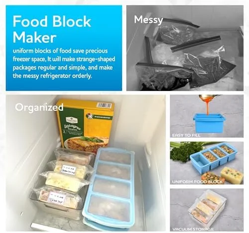 ZIP STANDING Silicone Freezer Trays with Lid - 1-cup Soup Freezer Container large Ice Cube Molds with Reinforced Steel Ring Top for freezing Soup