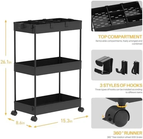 SPACELEAD 3 Tier Rolling Cart with Wheels, Storage Craft Art Trolley Organizer Serving, 3 Hanging Baskets Easy Assembly, for Office, Bathroom，Living