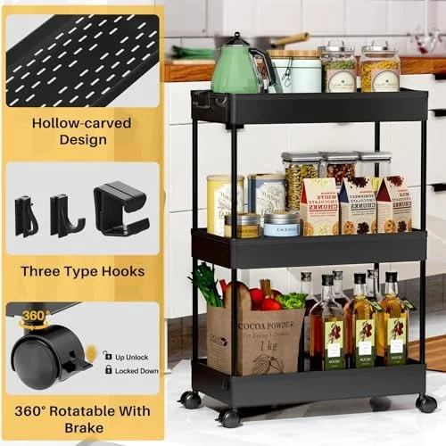 SPACELEAD 3 Tier Rolling Cart with Wheels, Storage Craft Art Trolley Organizer Serving, 3 Hanging Baskets Easy Assembly, for Office, Bathroom，Living