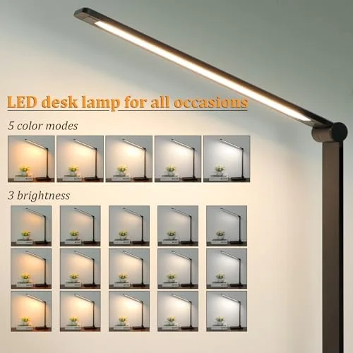 LED Desk Lamp with USB Ports - Touch Desk Lamps for Home Office with 5 Color Modes, 3 Brightness Desk Light with Small Night Light, Reading Lamp Table