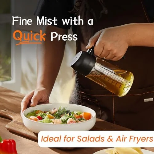 TrendPlain 16oz/470ml Glass Olive Oil Sprayer for Cooking – 2 in 1 Olive Oil Dispenser Bottle for Kitchen Gadgets and Air Fryer Accessories, Salad