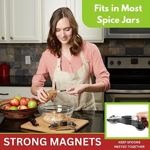 Spring Chef Stainless Steel Magnetic Measuring Spoons Set with Strong N45 Magnets, Heavy Duty Metal Kitchen Gadgets for Baking & Cooking, Fits in