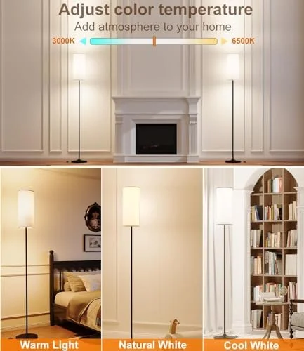 luckystyle Dimmable Floor Standing Tall Lamp, 12W Led Bulb with Lampshade, Foot Switch, Remote Custom Color Temperature Pole for Bedroom, Office