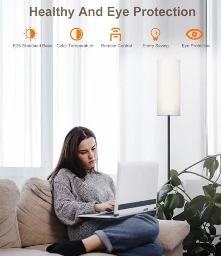 luckystyle Dimmable Floor Standing Tall Lamp, 12W Led Bulb with Lampshade, Foot Switch, Remote Custom Color Temperature Pole for Bedroom, Office