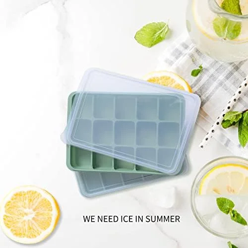 Ice Cube Trays Set of 2, Easy Release 15 Flexible Silicone Ice Cube Molds with Removable Lid Reusable Freezer Ice Trays Stackable for Whiskey, Baby