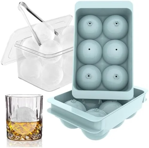 WIBIMEN Large Ice Cube Molds, Big Round Whiskey Ice Cube Trays for Freezer, Easy to Fill & Release, Whiskey Bourbon Cocktail(1.9In*6 Balls- Blue/2
