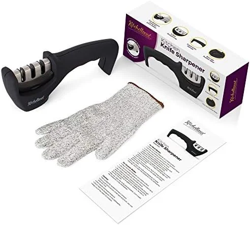 4-in-1 Kitchen Knife Accessories: 3-Stage Knife Sharpener Helps Repair - Restore, Polish Blades and Cut-Resistant Glove (Black)