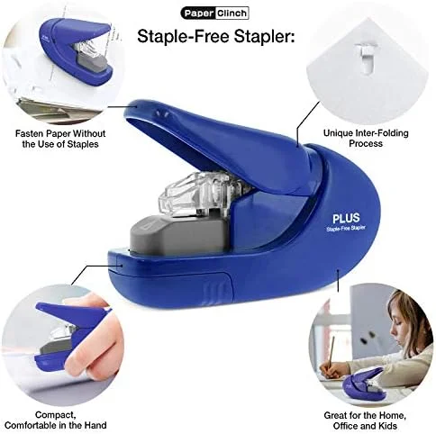 Plus Paper Clinch Compact Staple-Free Stapler - Blue