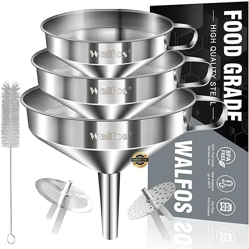 Stainless Steel Funnel, Walfos 3 Pack Kitchen Funnel with 2 Removable Strainer ＆ 1Pcs Cleaning Brush, Perfect for Transferring of Liquid, Oils, Jam