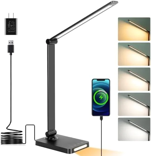 LED Desk Lamp with USB Ports - Touch Desk Lamps for Home Office with 5 Color Modes, 3 Brightness Desk Light with Small Night Light, Reading Lamp Table