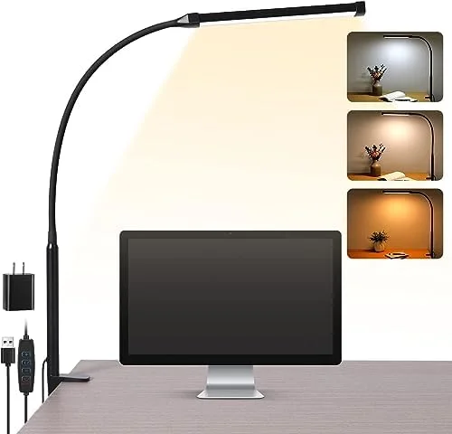 Voncerus LED Desk Lamp with Clamp - Eye-Caring Clip on Lights for Home Office, 3 Modes 10 Brightness, Long Flexible Goose-Neck, Metal, Swing Arm
