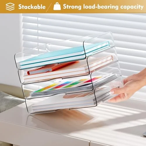 YKLSLH 4 Trays Paper Organizer Letter Tray - Acrylic Desk File Organizer, Stackable Clear Paper Holder Sorter Office Organizer for Letter/A4, Office