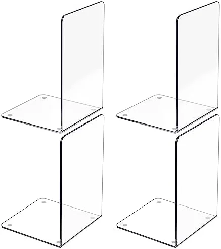 Acrylic Bookends 4 Pcs - Clear Book Ends for Shelves, Transparent Bookend Organizer, Book Holder Stand Decorative, Book Stoppers for Heavy Duty Books