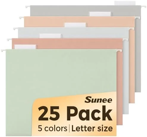 SUNEE 25 Count Hanging File Folders - Pastel Colors, Hanging File Folders Letter Size, Hanging Folders with 1/5-cut Tabs, Designed for Bulky Files