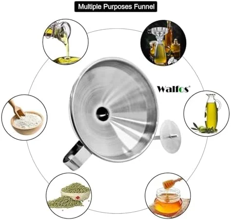 Stainless Steel Funnel, Walfos 3 Pack Kitchen Funnel with 2 Removable Strainer ＆ 1Pcs Cleaning Brush, Perfect for Transferring of Liquid, Oils, Jam