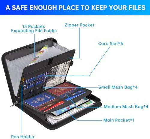 ENGPOW Accordion File Organizer, Fireproof Expanding File Folder with 13 Pockets Document Organizer with Handle & Labels, Portable Home Travel Safe