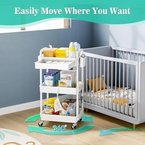 SUNALLY 3 Tier Rolling Cart with Drawer, Bathroom Storage Organizer with 2 Lockable Wheels, Multifunctional Rolling Storage Cart for Bathroom