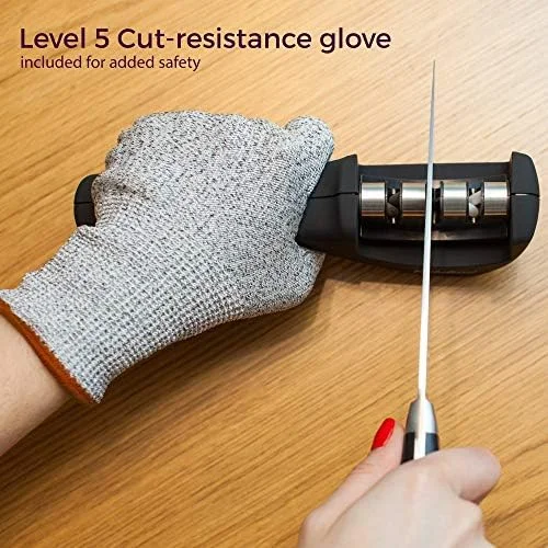 4-in-1 Kitchen Knife Accessories: 3-Stage Knife Sharpener Helps Repair - Restore, Polish Blades and Cut-Resistant Glove (Black)