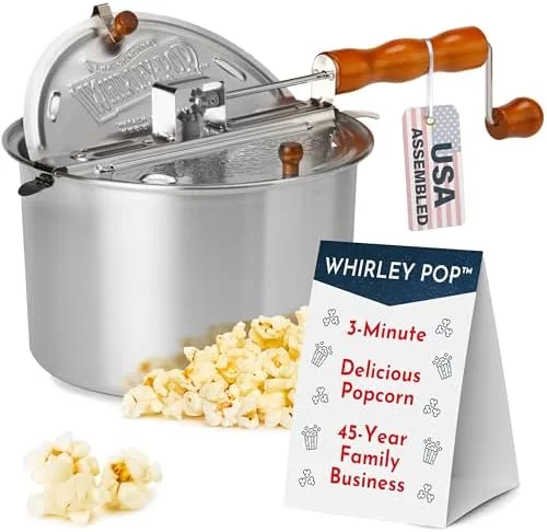 Original Whirley Pop Popcorn Machine – 3-Minute Stovetop Popcorn Maker for Home Movie Snacks & Game Night – Wabash Valley Farms – Aluminum Pot With