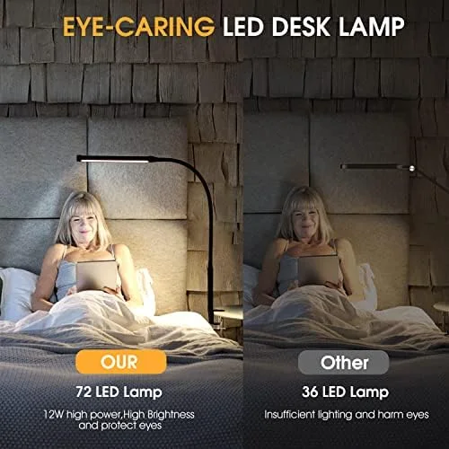 Voncerus LED Desk Lamp with Clamp - Eye-Caring Clip on Lights for Home Office, 3 Modes 10 Brightness, Long Flexible Goose-Neck, Metal, Swing Arm