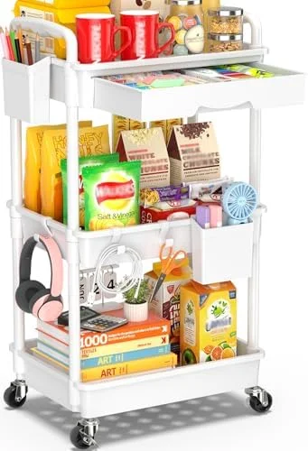 SUNALLY 3 Tier Rolling Cart with Drawer, Bathroom Storage Organizer with 2 Lockable Wheels, Multifunctional Rolling Storage Cart for Bathroom