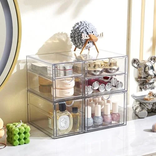 Prsildan Acrylic Drawer Makeup Organizer with 6 Drawers (Not for Baby Bottle), Set of 2 Office Desk Organizers Accessories, Clear Stackable Storage