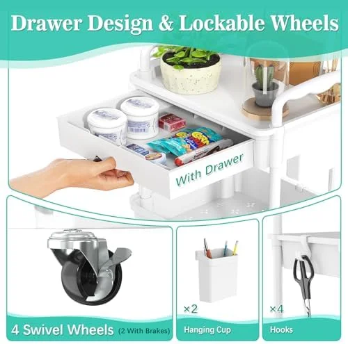 SUNALLY 3 Tier Rolling Cart with Drawer, Bathroom Storage Organizer with 2 Lockable Wheels, Multifunctional Rolling Storage Cart for Bathroom