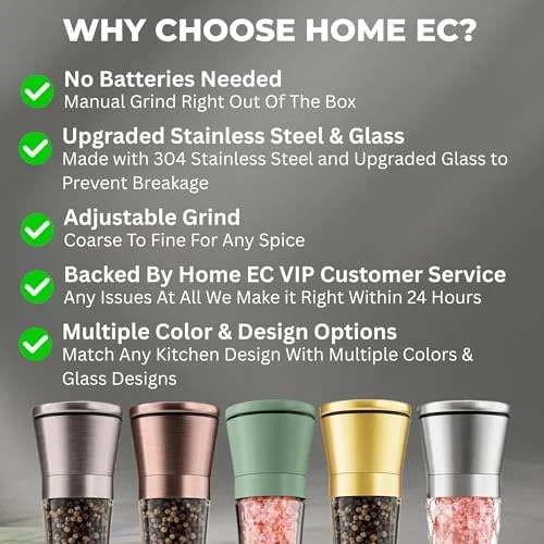 Home EC Premium Stainless Steel Sea Salt and Pepper Grinder Set of 2 - Adjustable Ceramic - Tall Glass Salt and Pepper Shakers - Kitchen Spice Mill