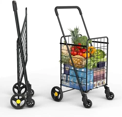 Our Modern Space Shopping Cart & 360° Swivel Wheels - Foldable Collapsible & Lightweight, Perfect for Groceries Laundry Utility Cart - Black