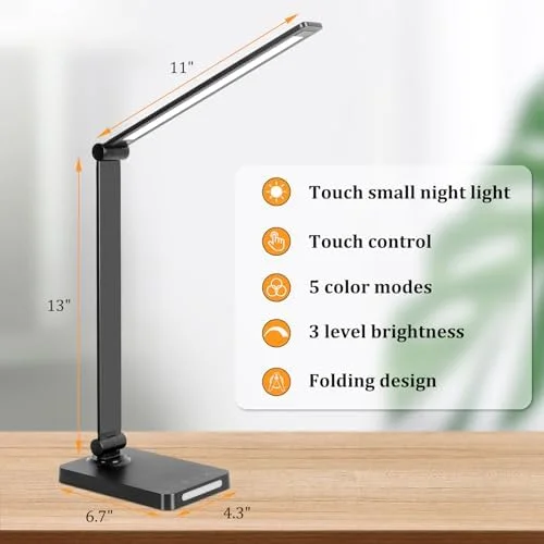 LED Desk Lamp with USB Ports - Touch Desk Lamps for Home Office with 5 Color Modes, 3 Brightness Desk Light with Small Night Light, Reading Lamp Table