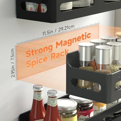 Sevenblue 4 Pack Strong Magnetic Spice Rack for Refrigerator - Multipurpose Magnetic Shelf for Fridge with 4 Hooks for Kitchen and Bathroom