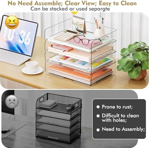 YKLSLH 4 Trays Paper Organizer Letter Tray - Acrylic Desk File Organizer, Stackable Clear Paper Holder Sorter Office Organizer for Letter/A4, Office