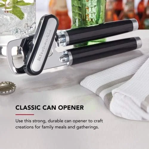 KitchenAid Classic Multifunction Can Opener and Bottle Opener Easy to Use - Razor Sharp Stainless Steel Cutting Wheel, Soft Ergonomic Handles, Black