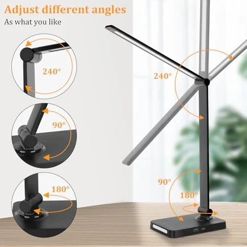 LED Desk Lamp with USB Ports - Touch Desk Lamps for Home Office with 5 Color Modes, 3 Brightness Desk Light with Small Night Light, Reading Lamp Table