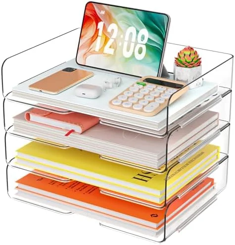 YKLSLH 4 Trays Paper Organizer Letter Tray - Acrylic Desk File Organizer, Stackable Clear Paper Holder Sorter Office Organizer for Letter/A4, Office