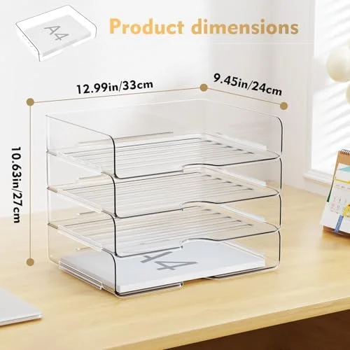 YKLSLH 4 Trays Paper Organizer Letter Tray - Acrylic Desk File Organizer, Stackable Clear Paper Holder Sorter Office Organizer for Letter/A4, Office