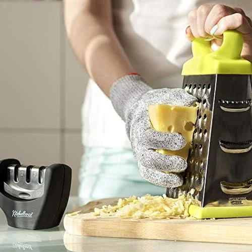 4-in-1 Kitchen Knife Accessories: 3-Stage Knife Sharpener Helps Repair - Restore, Polish Blades and Cut-Resistant Glove (Black)