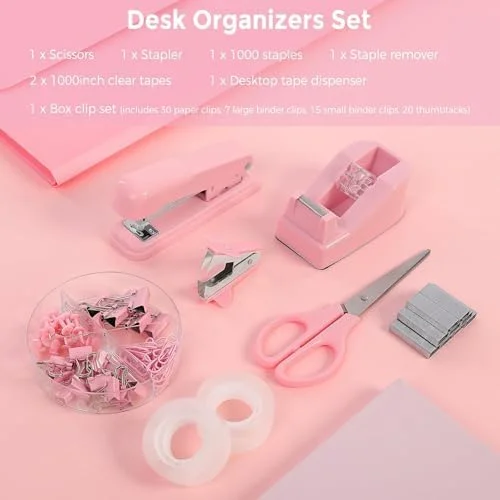 SKYDUE Pink Office Desk Accessories - Pink Office Supplies, Stapler, Tape Dispenser, Scissors, Clips and 1000pcs Staples, Office Supplies for Desk for