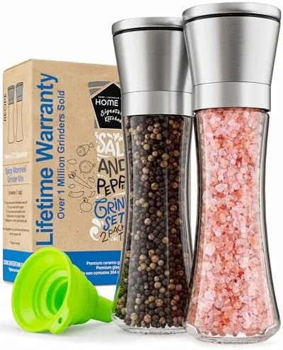 Home EC Premium Stainless Steel Sea Salt and Pepper Grinder Set of 2 - Adjustable Ceramic - Tall Glass Salt and Pepper Shakers - Kitchen Spice Mill