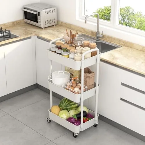 Sywhitta 3-Tier Plastic Rolling Utility Cart with Handle, Multi-Functional Storage Trolley for Office, Living Room, Kitchen, Movable Storage