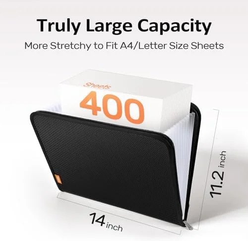Sooez 13 Pocket Accordion File Organizer - Zipper Expanding File Folder Organizer, Reinforced Plastic Accordion Folder, A4 Letter Size, Portable