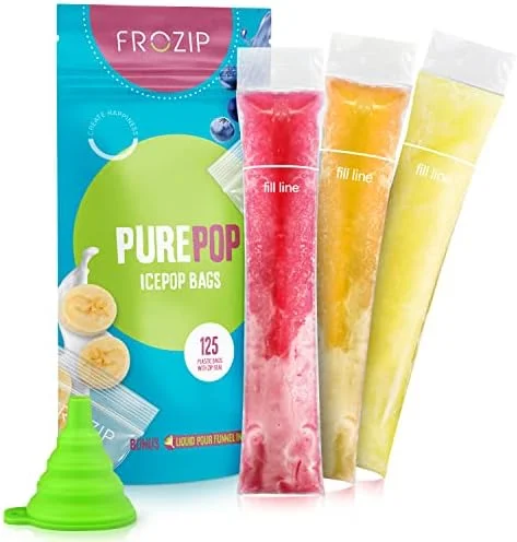 Frozip 125 Disposable Ice Popsicle Mold Bags| BPA Free Freezer Tubes With Zip Seals, For Healthy Snacks, Yogurt Sticks, Juice & Fruit Smoothies, Ice